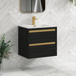 Royal Bathrooms Orion 600mm Wall Hung Bathroom Vanity Unit 2 Drawer Hale Black With Ceramic Basin & Brushed Brass Accent Trim - thumbnail 6