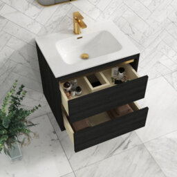 Royal Bathrooms Orion 600mm Wall Hung Bathroom Vanity Unit 2 Drawer Hale Black With Ceramic Basin & Brushed Brass Accent Trim - thumbnail 5
