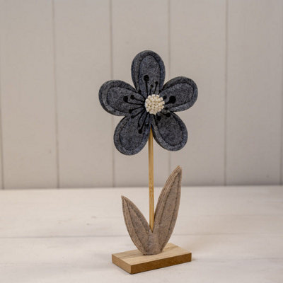 Satchville Grey Felt Flower On Wooden Base Decoration