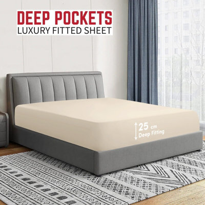 Ameha Cream Fitted Sheet Anti Allergic Extra Deep 25 Cm Bedsheet Double Microfiber Hypoallergenic Durable Bedsheet(137X190Cm) - image 1