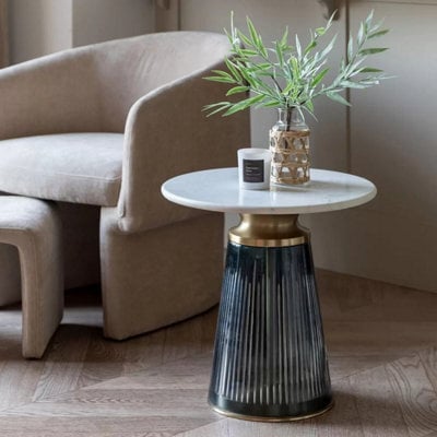 Xample Gallery Seville Blue Side Table With White Marble Top, Blue Glass Base & Gold Metal Accents - Luxury Accent Table - image 1