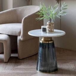 Xample Gallery Seville Blue Side Table With White Marble Top, Blue Glass Base & Gold Metal Accents - Luxury Accent Table