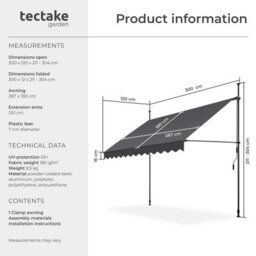 Tectake Awning With Hand Crank - Pressure Fitted , Height Adjustable 300 X 180 Cm - Black/grey - thumbnail 6