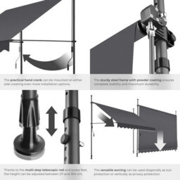 Tectake Awning With Hand Crank - Pressure Fitted , Height Adjustable 300 X 180 Cm - Black/grey - thumbnail 5