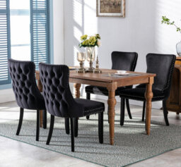 HomeTouch Set Of 4 Lux Velvet Tufted Kitchen Dining Chairs With Wooden Legs, High Back Office Bedroom Chairs Black