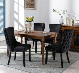 HomeTouch Set Of 4 Lux Velvet Tufted Kitchen Dining Chairs With Wooden Legs, High Back Office Bedroom Chairs Black - thumbnail 2