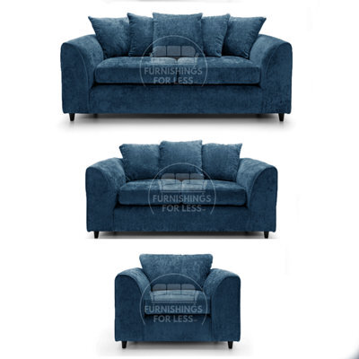 Furnishings For Less UK Monaco Chenille Fabric 3 Piece Sofa Set - 3 2 1  Blue - image 1