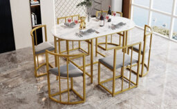Matteo Modern 6-Chair Dining Table Set With Backrests, Gray Upholstery And Gold Iron Frame - thumbnail 3
