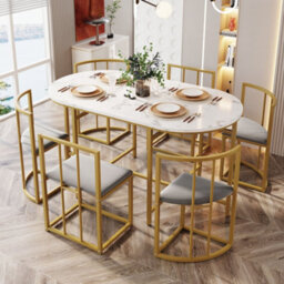 Matteo Modern 6-Chair Dining Table Set With Backrests, Gray Upholstery And Gold Iron Frame - thumbnail 1