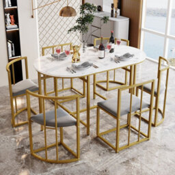 Matteo Modern 6-Chair Dining Table Set With Backrests, Gray Upholstery And Gold Iron Frame - thumbnail 2