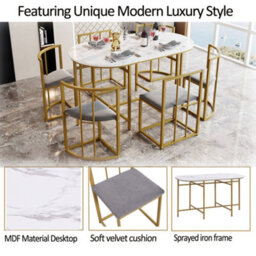 Matteo Modern 6-Chair Dining Table Set With Backrests, Gray Upholstery And Gold Iron Frame - thumbnail 6