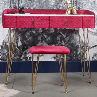 CARME Home Tokyo Glow Upholstered Quilted Velvet Dressing Table With 2 Drawers Jewellery Makeup Storage Cushioned Stool Set (Raspberry) - image 1