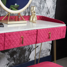 CARME Home Tokyo Glow Upholstered Quilted Velvet Dressing Table With 2 Drawers Jewellery Makeup Storage Cushioned Stool Set (Raspberry) - thumbnail 2