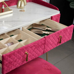 CARME Home Tokyo Glow Upholstered Quilted Velvet Dressing Table With 2 Drawers Jewellery Makeup Storage Cushioned Stool Set (Raspberry) - thumbnail 3