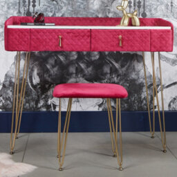 CARME Home Tokyo Glow Upholstered Quilted Velvet Dressing Table With 2 Drawers Jewellery Makeup Storage Cushioned Stool Set (Raspberry) - thumbnail 1