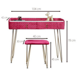 CARME Home Tokyo Glow Upholstered Quilted Velvet Dressing Table With 2 Drawers Jewellery Makeup Storage Cushioned Stool Set (Raspberry) - thumbnail 6