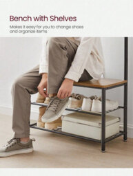 LEDREM 3-In-1 Steel Frame Coat Rack With Shoe Shelf Hallway Modern Style Oak And Cream - thumbnail 6