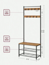 LEDREM 3-In-1 Steel Frame Coat Rack With Shoe Shelf Hallway Modern Style Oak And Cream - thumbnail 7
