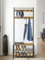 Vasagle 3-In-1 Steel Frame Coat Rack With Shoe Shelf Hallway Modern Style Oak And Cream