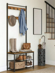 LEDREM 3-In-1 Steel Frame Coat Rack With Shoe Shelf Hallway Modern Style Oak And Cream - thumbnail 9