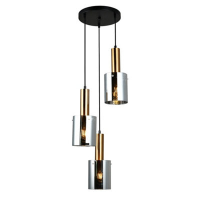 Luminosa Lighting Luminosa Modern Hanging Pendant Brass 3 Light  With Glass, Smoky Shade, E27