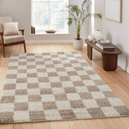 Chester Living Room Shaggy Area Rug Modern - Contemporary Checkered Design - Hallway Runner Indoor Rug Beige 200X290 Cm - thumbnail 1