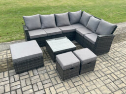 Fimous Rattan Garden Furniture Set Outdoor Lounge Corner Sofa Set With Square Coffee Table 3 Footstools 9 Seater - thumbnail 2