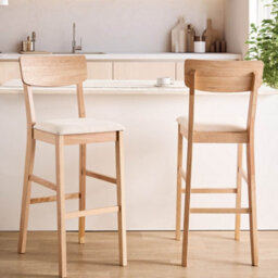 Wyld And Coco Set Of 2 Rubberwood Bar Chairs In Light Oak With Beige Upholstery - 44 X 53 X 113 Cm - thumbnail 2
