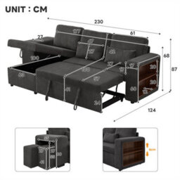 Abrihome Modern L-Shaped Convertible Sofa Bed, 3-In-1 Convertible Sofa Bed With Internal Storage Chaise, Corduroy Fabric, Grey - thumbnail 6