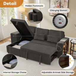 Abrihome Modern L-Shaped Convertible Sofa Bed, 3-In-1 Convertible Sofa Bed With Internal Storage Chaise, Corduroy Fabric, Grey - thumbnail 5