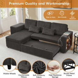 Abrihome Modern L-Shaped Convertible Sofa Bed, 3-In-1 Convertible Sofa Bed With Internal Storage Chaise, Corduroy Fabric, Grey - thumbnail 2
