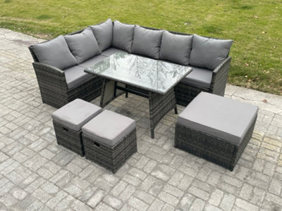Fimous Wicker Rattan Garden Furniture Corner Sofa Set With Oblong Dining Table 9 Seater Outdoor Rattan Set - image 1