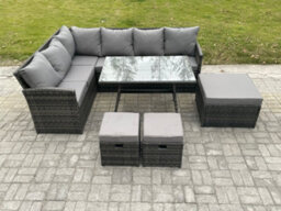 Fimous Wicker Rattan Garden Furniture Corner Sofa Set With Oblong Dining Table 9 Seater Outdoor Rattan Set - thumbnail 2