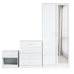 Harmin Mirrored White High Gloss Bedroom Furniture Set - Wardrobe, Chest & Bedside - thumbnail 6
