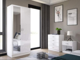 Harmin Mirrored White High Gloss Bedroom Furniture Set - Wardrobe, Chest & Bedside
