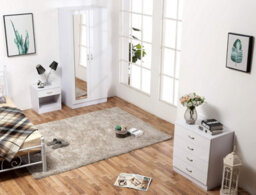 Harmin Mirrored White High Gloss Bedroom Furniture Set - Wardrobe, Chest & Bedside - thumbnail 2