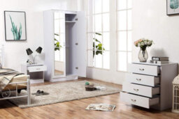 Harmin Mirrored White High Gloss Bedroom Furniture Set - Wardrobe, Chest & Bedside - thumbnail 3