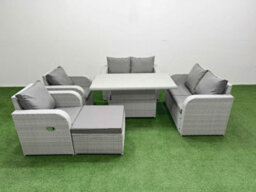 Fimous 7 Seater Outdoor Reclining Chair Love Sofa Set Rattan Garden Furniture Set Adjustable Lifting Table Footstool Light Grey - thumbnail 1