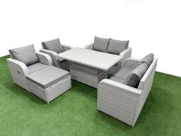 Fimous 7 Seater Outdoor Reclining Chair Love Sofa Set Rattan Garden Furniture Set Adjustable Lifting Table Footstool Light Grey - thumbnail 2
