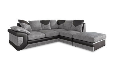 Dino Large Black & Grey L Shaped Corner Sofa With Footstool Right Hand Facing 5 Seater Fabric Sofa - image 1