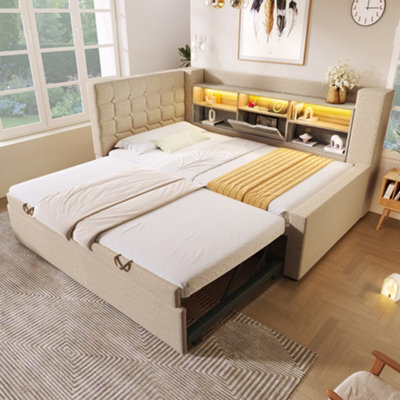 Abrihome Beige Linen Single Daybed With Storage, Usb-C Charging & Pull-Out Trundle, 90X190Cm - image 1
