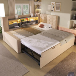 Abrihome Beige Linen Single Daybed With Storage, Usb-C Charging & Pull-Out Trundle, 90X190Cm - thumbnail 9