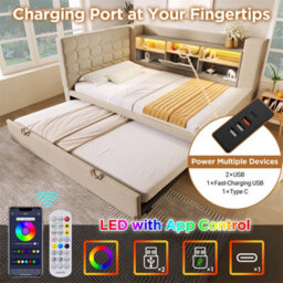 Abrihome Beige Linen Single Daybed With Storage, Usb-C Charging & Pull-Out Trundle, 90X190Cm - thumbnail 2