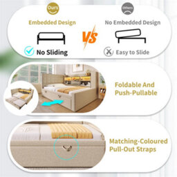 Abrihome Beige Linen Single Daybed With Storage, Usb-C Charging & Pull-Out Trundle, 90X190Cm - thumbnail 5