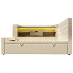 Abrihome Beige Linen Single Daybed With Storage, Usb-C Charging & Pull-Out Trundle, 90X190Cm - thumbnail 7