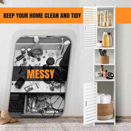 Tall Bathroom Storage Cabinet 5 Tier Pvc Waterproof Organiser 2 Door Narrow Space Saving Floor Cabinet 116X20X20Cm White Easy Asse - thumbnail 7