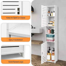 Tall Bathroom Storage Cabinet 5 Tier Pvc Waterproof Organiser 2 Door Narrow Space Saving Floor Cabinet 116X20X20Cm White Easy Asse - thumbnail 4