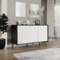 Urbn-Living Urbnliving 3-Door Sliding Cabinet Sideboard Black Carcass With White Doors Storage Organiser Home Cupboard Pine Wooden Legs - thumbnail 3