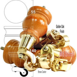 L&F 4X Replacement Solid Wood Furniture Feet With Brass Castor Legs 140mm High Sofas Chairs Stools  M8 Tsp2005 - thumbnail 1