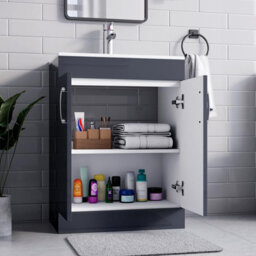 Belofay 600mm New York Grey Laquered Cloakroom Vanity Unit With Basin, With 1 Tap Hole Ceramic Basin And Soft Close Hinges - thumbnail 3